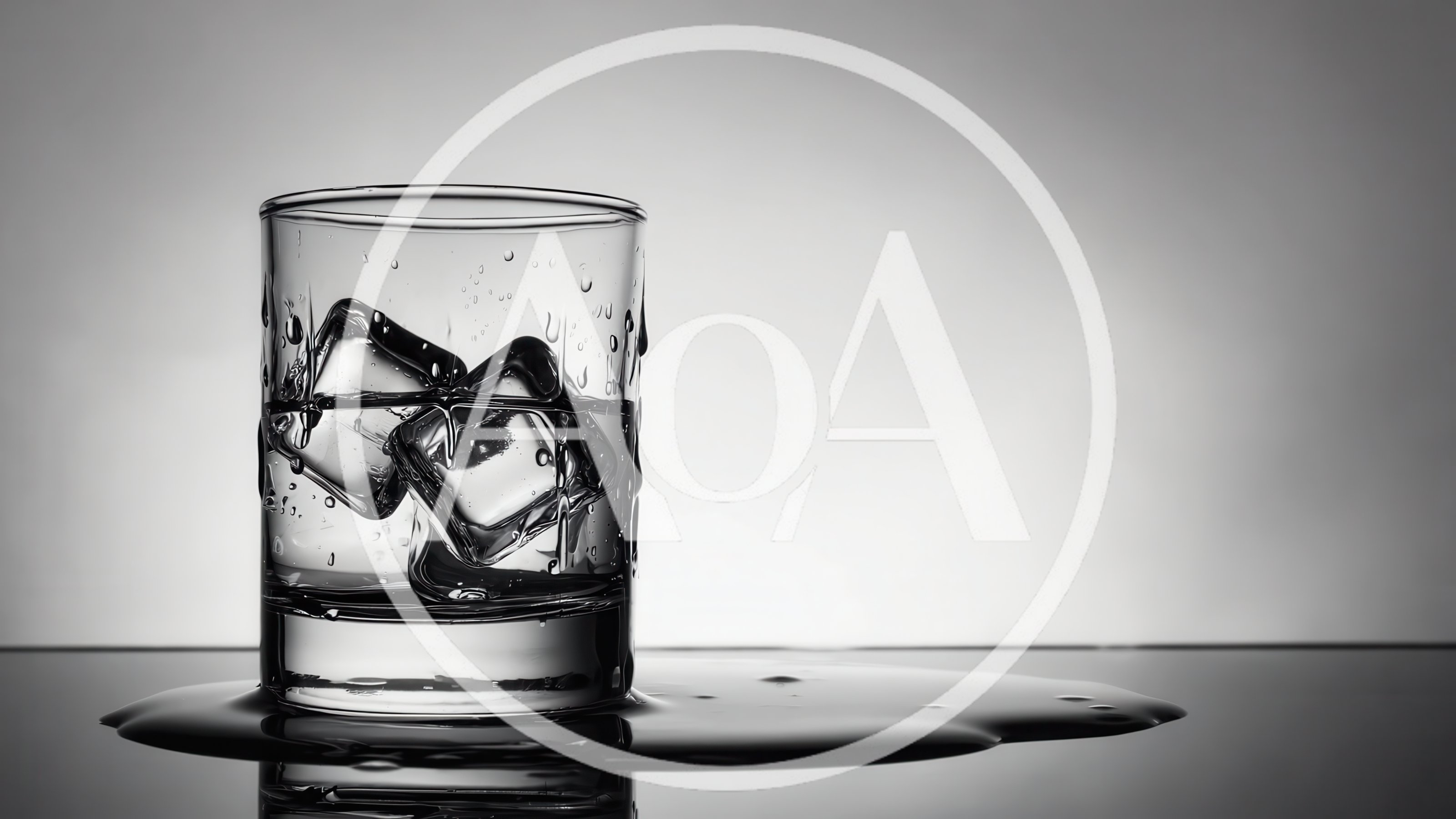 Glass Of Whiskey With Ice Cubes On Reflective Surface