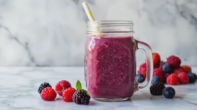Fresh Berry Smoothie In A Glass Mason Jar