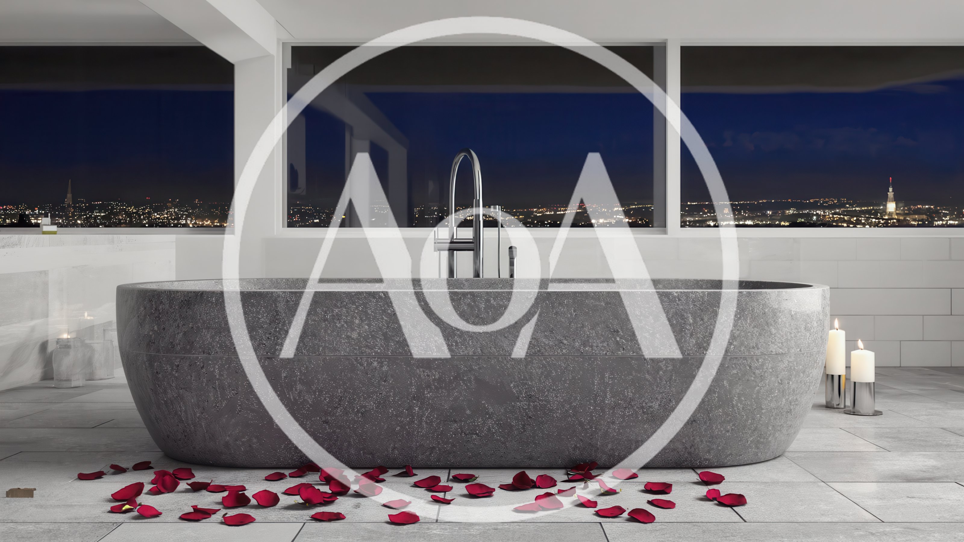 Modern Stone Bathtub With Rose Petals In Luxury Bathroom
