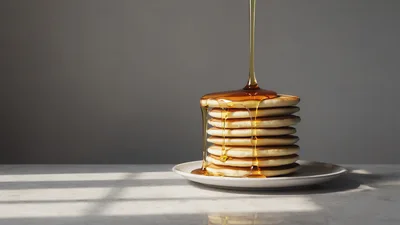 Maple Syrup Pouring Over A Stack Of Pancakes
