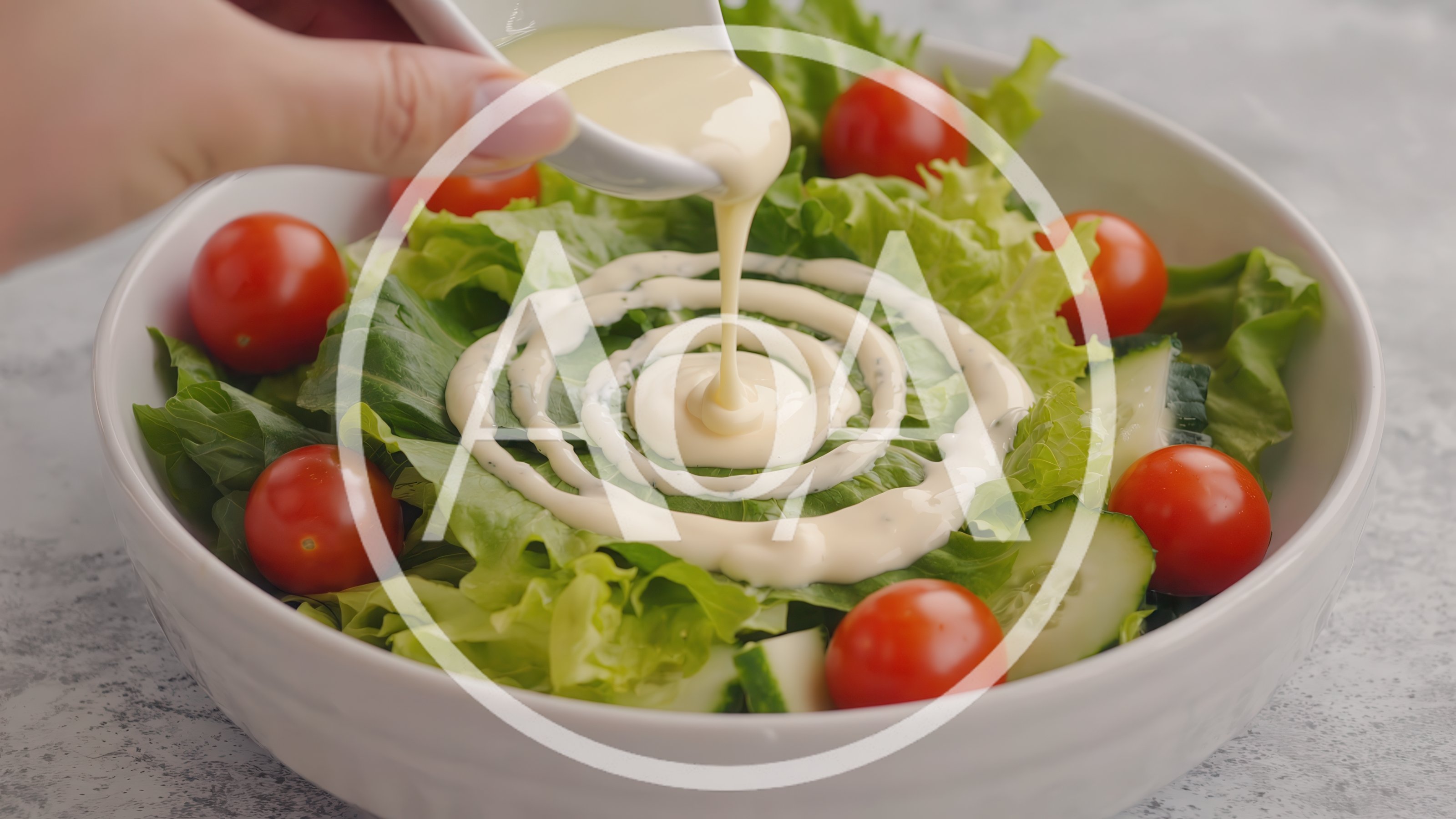 Creamy Dressing Being Poured Over Fresh Garden Salad