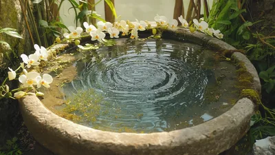 Stone Basin With Rippling Water And White Orchids