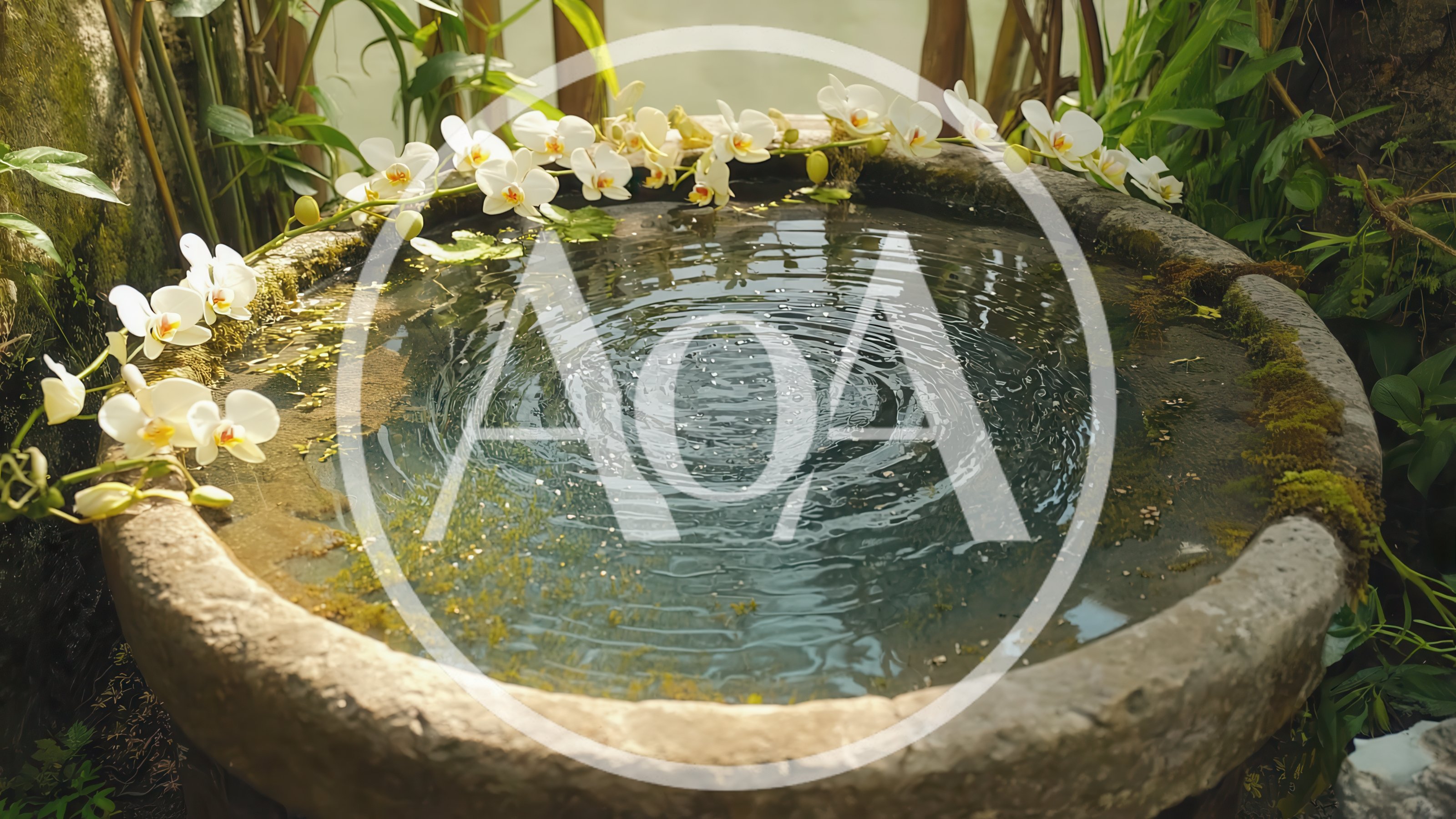 Stone Basin With Rippling Water And White Orchids