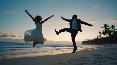 Newlywed Couple Jumping Joyfully on Tropical Beach at Sunset