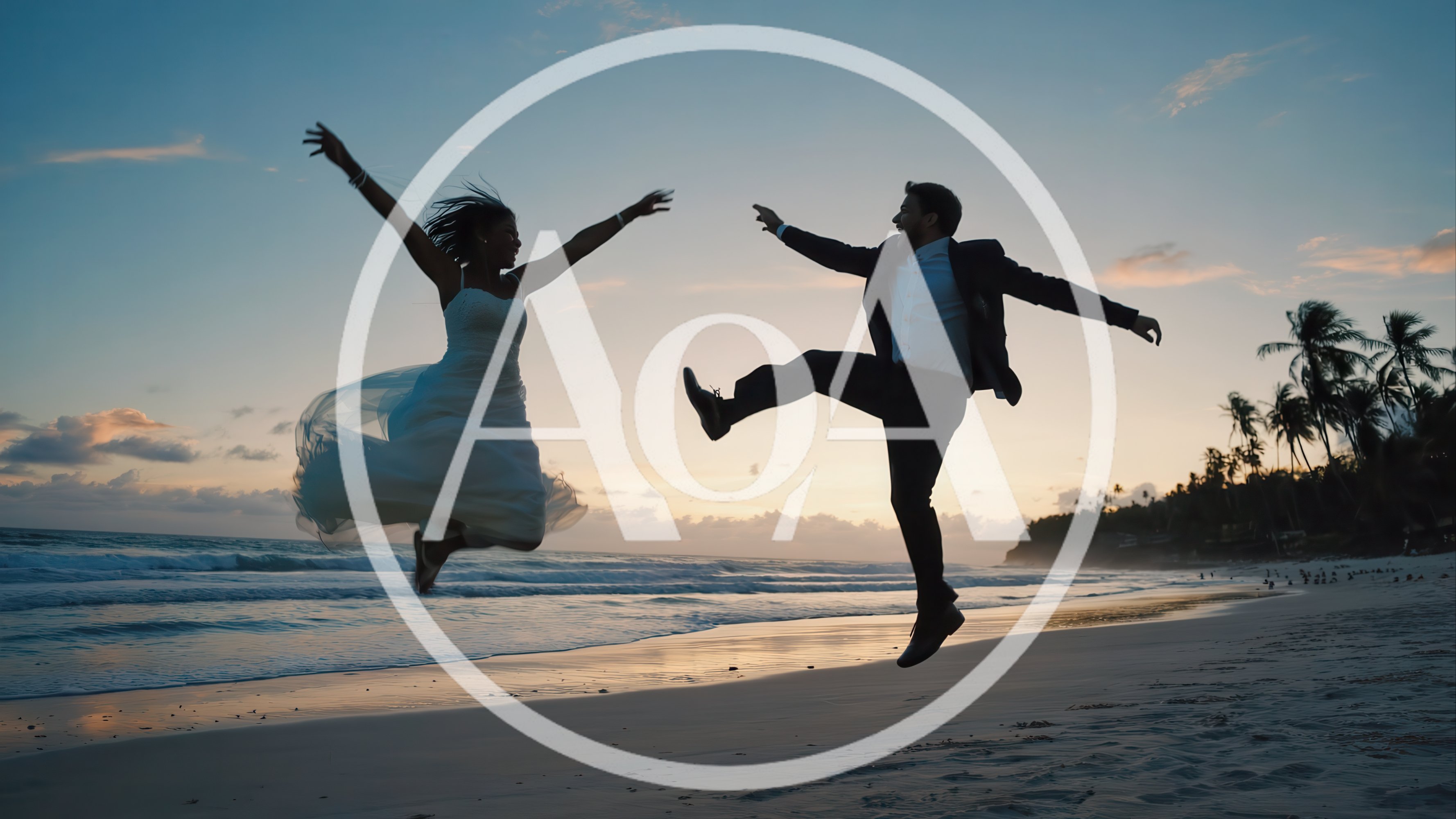 Newlywed Couple Jumping Joyfully on Tropical Beach at Sunset