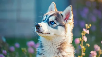 Adorable Siberian Husky Puppy Looking Up Outdoors