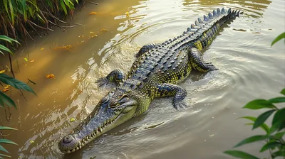 Large Crocodile Swimming in Murky Tropical River