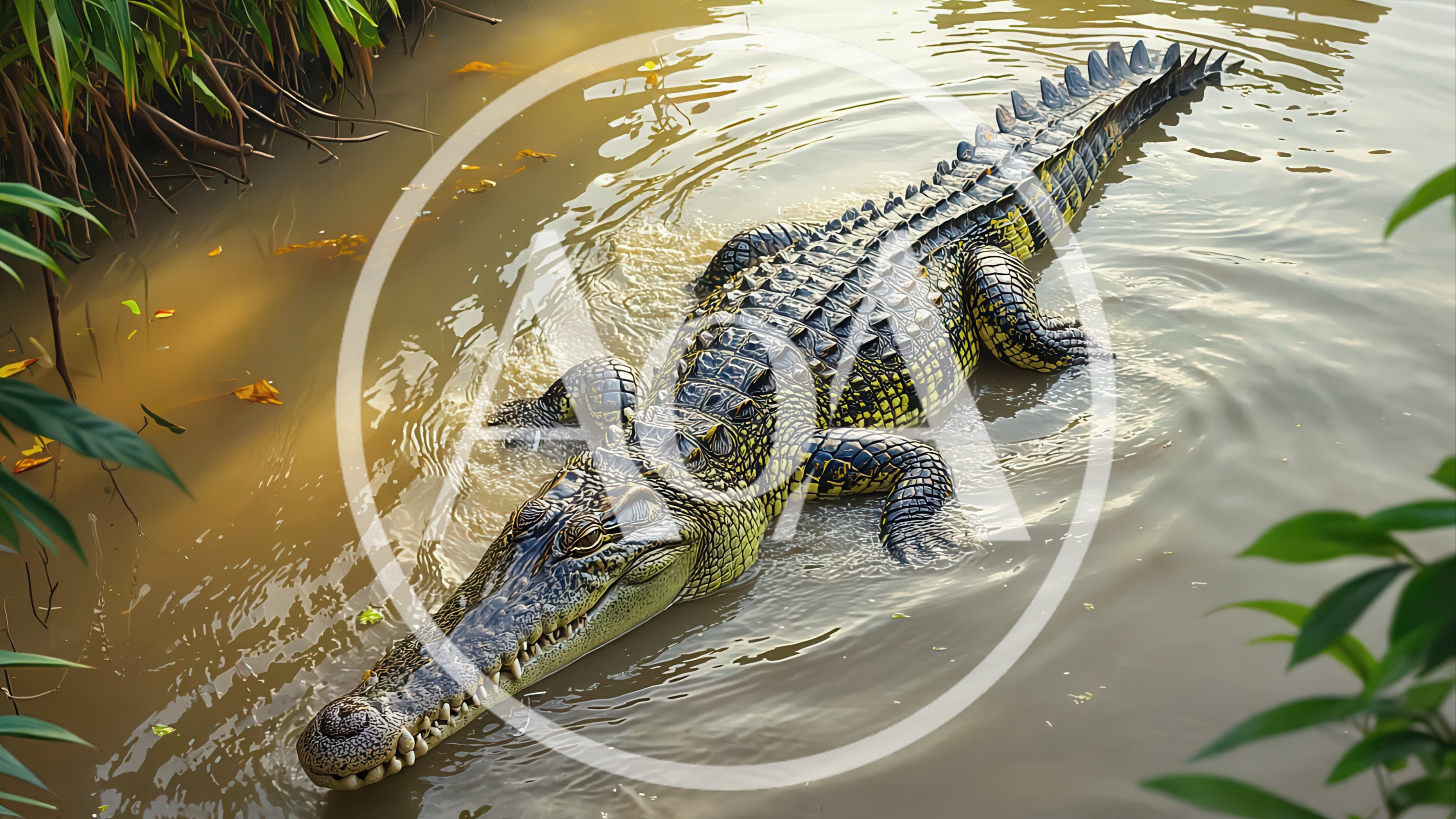 Large Crocodile Swimming in Murky Tropical River