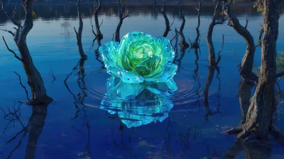 Glowing Crystal Cabbage Floating In A Still Lake