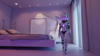 Futuristic Android Walking Through A Modern Bedroom