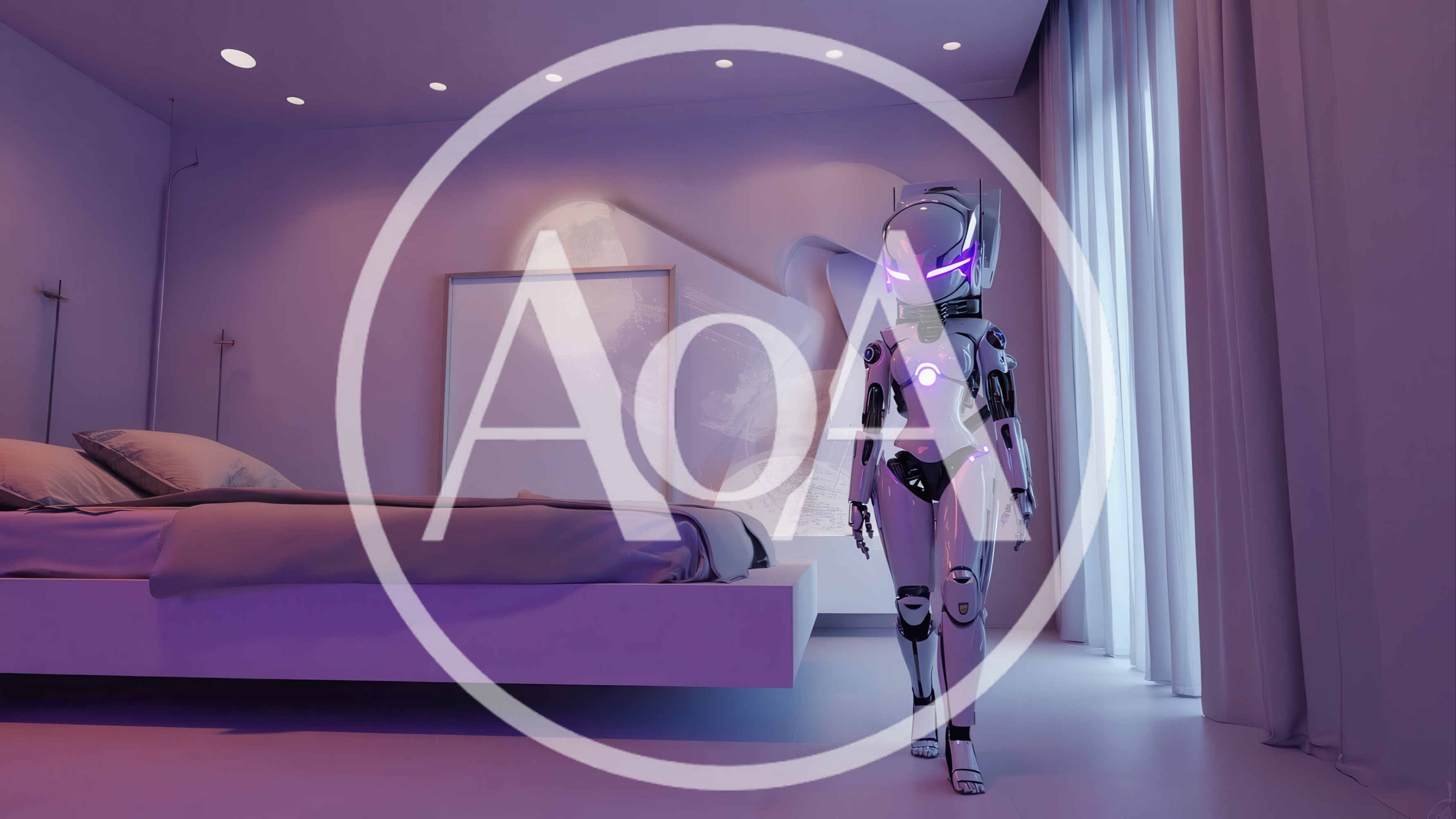 Futuristic Android Walking Through A Modern Bedroom