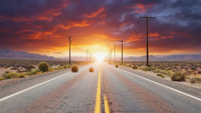 Tumbleweeds Rolling Across Desert Highway at Sunset