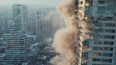 Dramatic Controlled Demolition Of A High Rise Building
