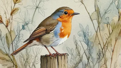 Watercolor Illustration Of A European Robin On A Post