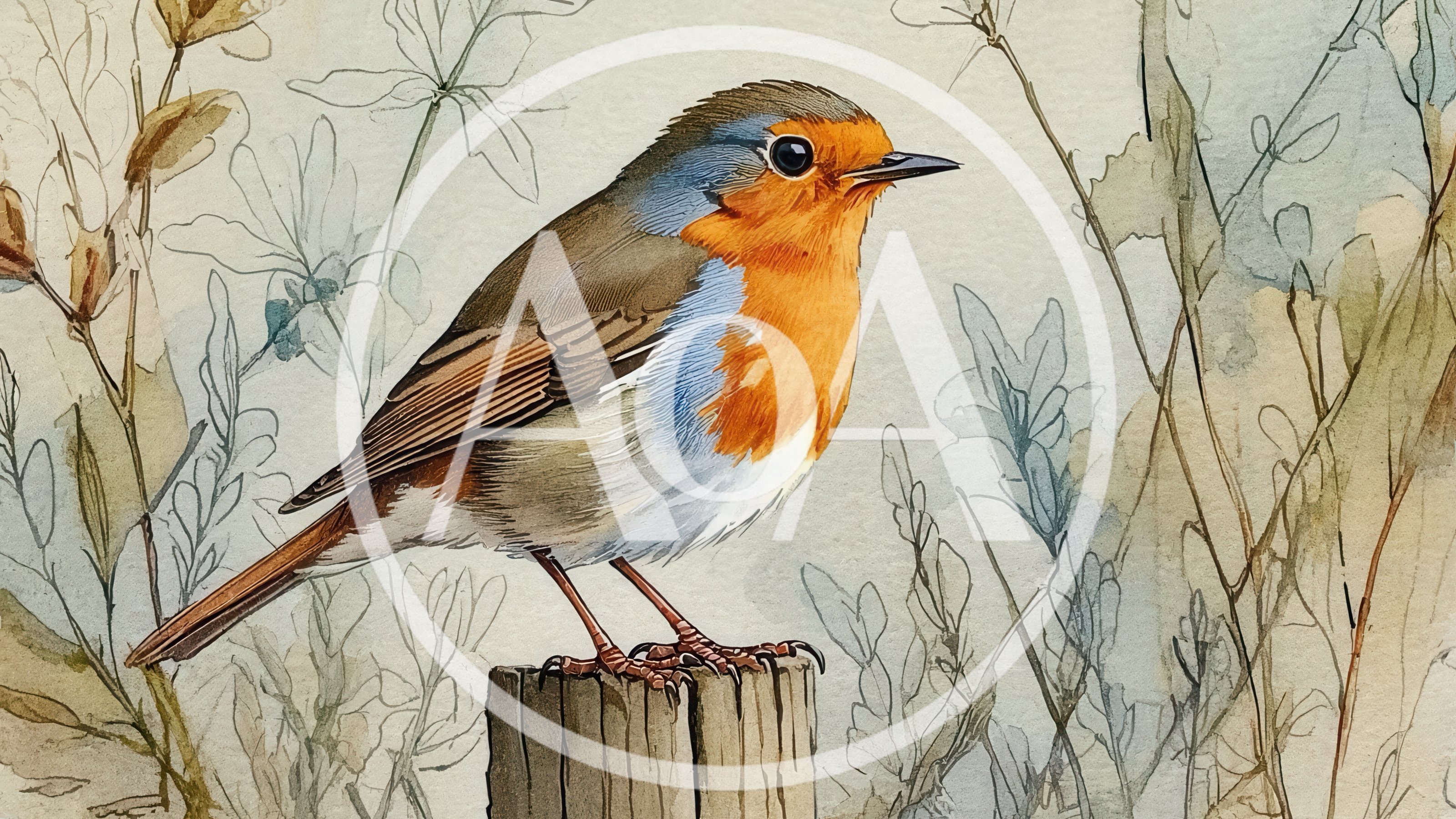 Watercolor Illustration Of A European Robin On A Post