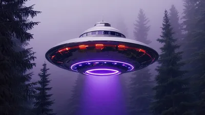 Metallic Flying Saucer Hovering Above A Misty Forest