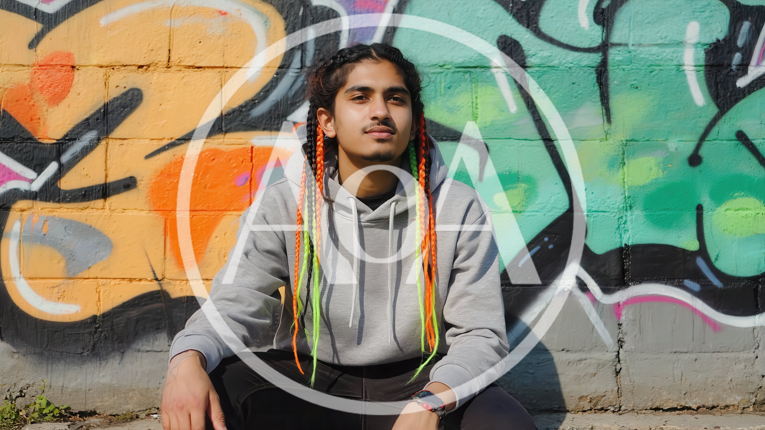 Young Man With Colorful Braids Sitting Against Graffiti Wall