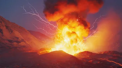 Volcanic Eruption With Lightning Strikes In Night Sky