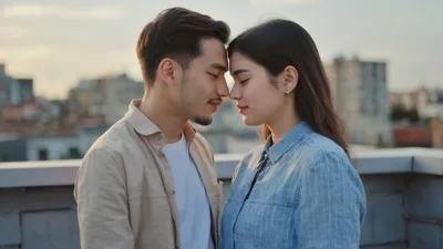 Young Couple Sharing Intimate Moment On Rooftop