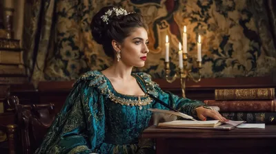 Noblewoman Writing With A Quill In A Historic Library