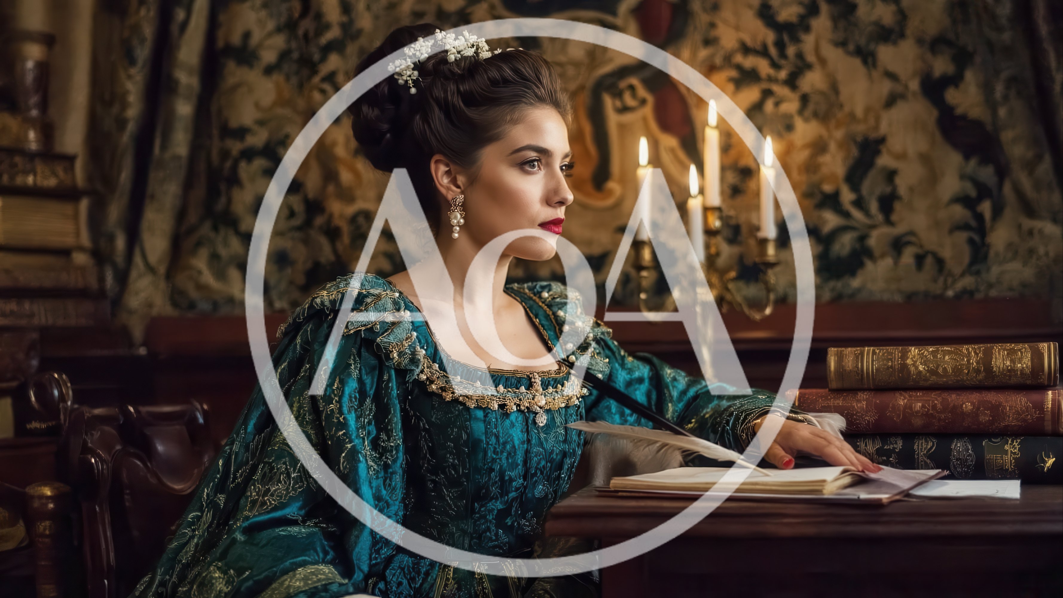 Noblewoman Writing With A Quill In A Historic Library