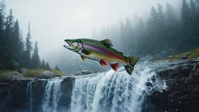 Rainbow Trout Leaping Up A Misty Waterfall