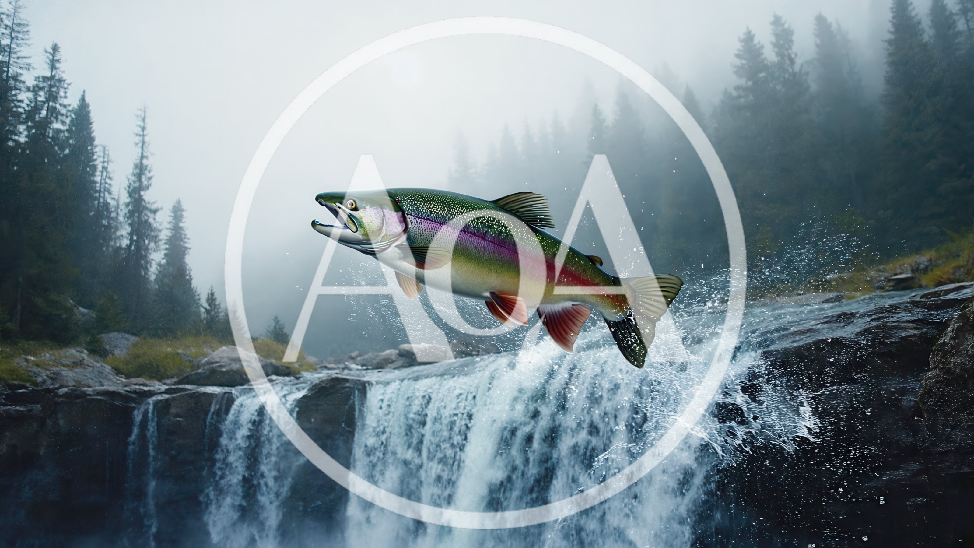 Rainbow Trout Leaping Up A Misty Waterfall