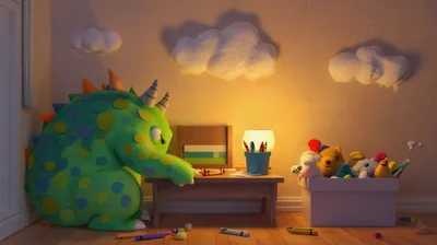 Green Monster Drawing With Crayons In A Cozy Room