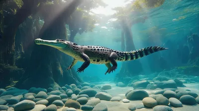 Alligator Swimming Underwater In A Sunlit Swamp