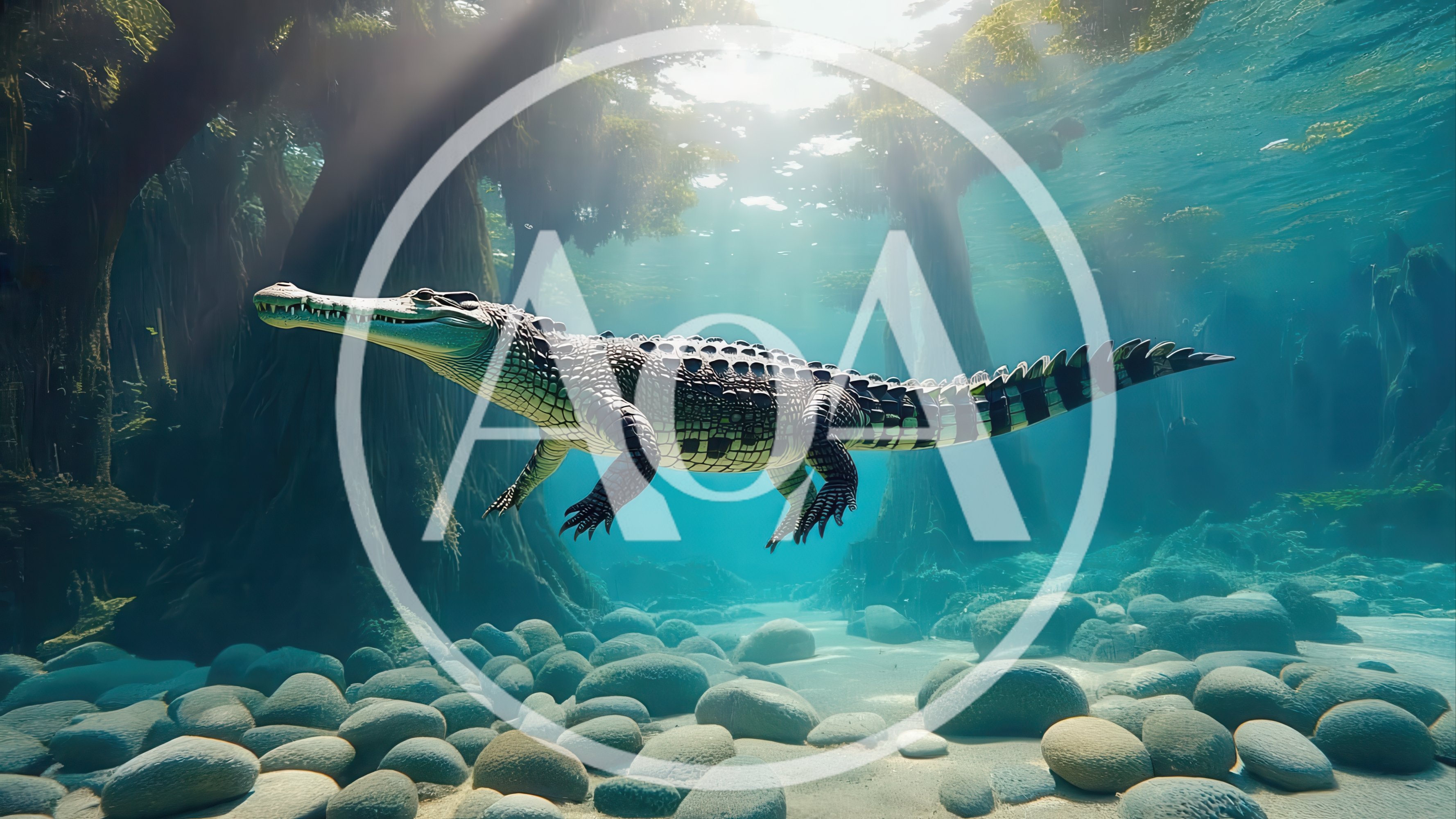 Alligator Swimming Underwater In A Sunlit Swamp