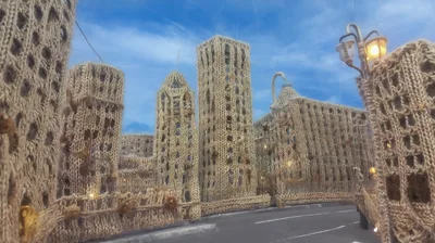 Knitted Yarn Cityscape Art Installation