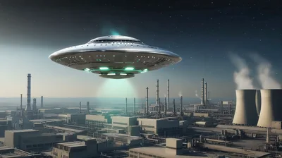 UFO Hovering Over Industrial Factory Complex
