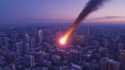 Meteor Impacting A Modern City Skyline At Sunset
