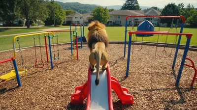 Majestic Lion Sitting Atop A Playground Slide