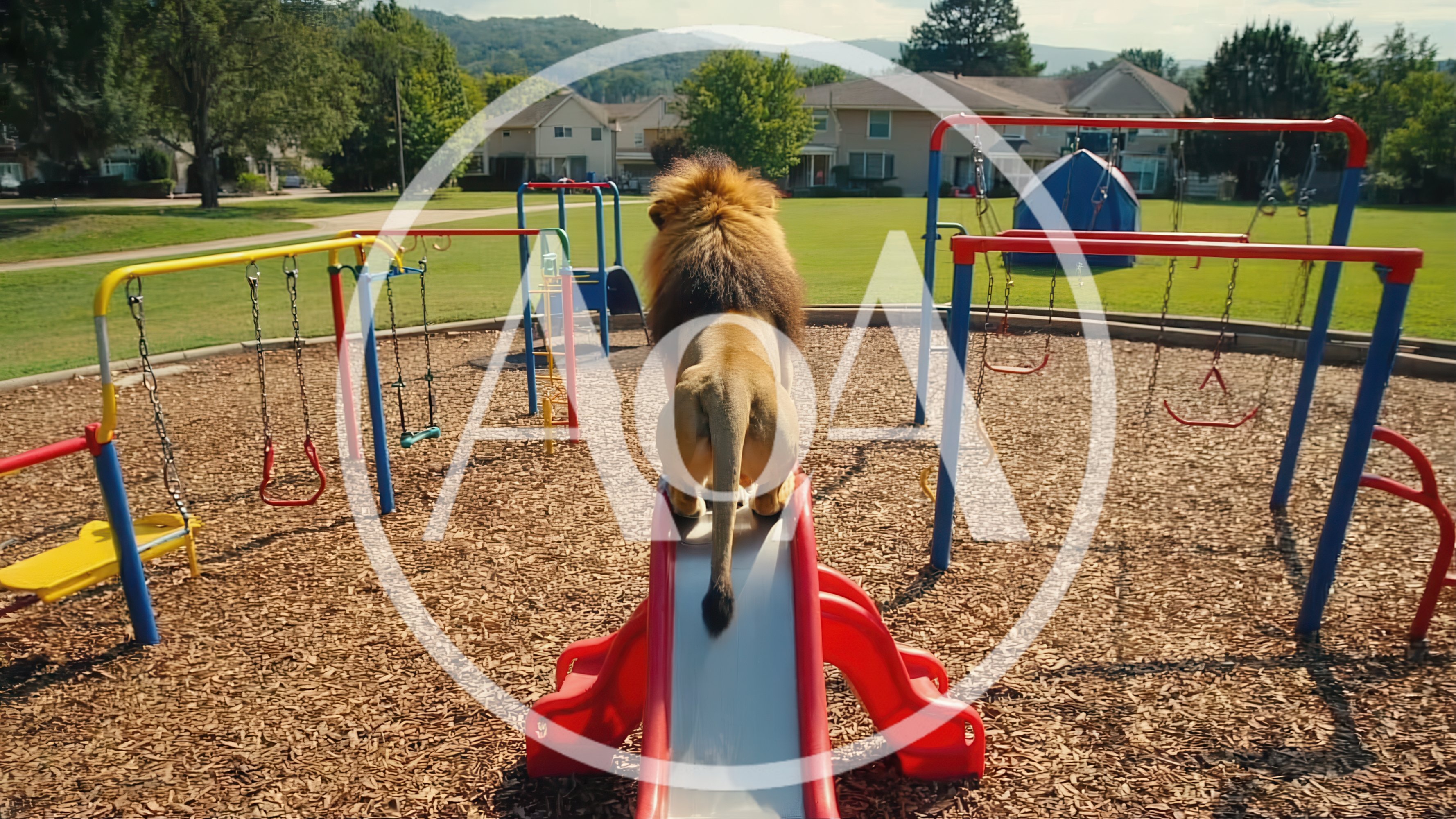 Majestic Lion Sitting Atop A Playground Slide