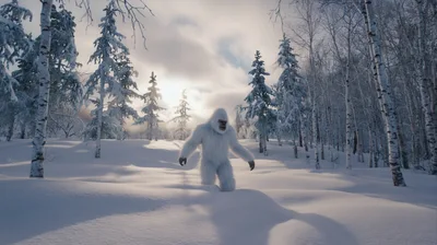 Yeti Walking Through A Snowy Winter Forest