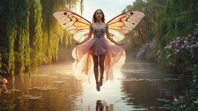 Fairy Woman Floating Above A Serene Forest River