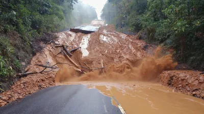 Massive Mudslide Covering A Rural Mountain Road
