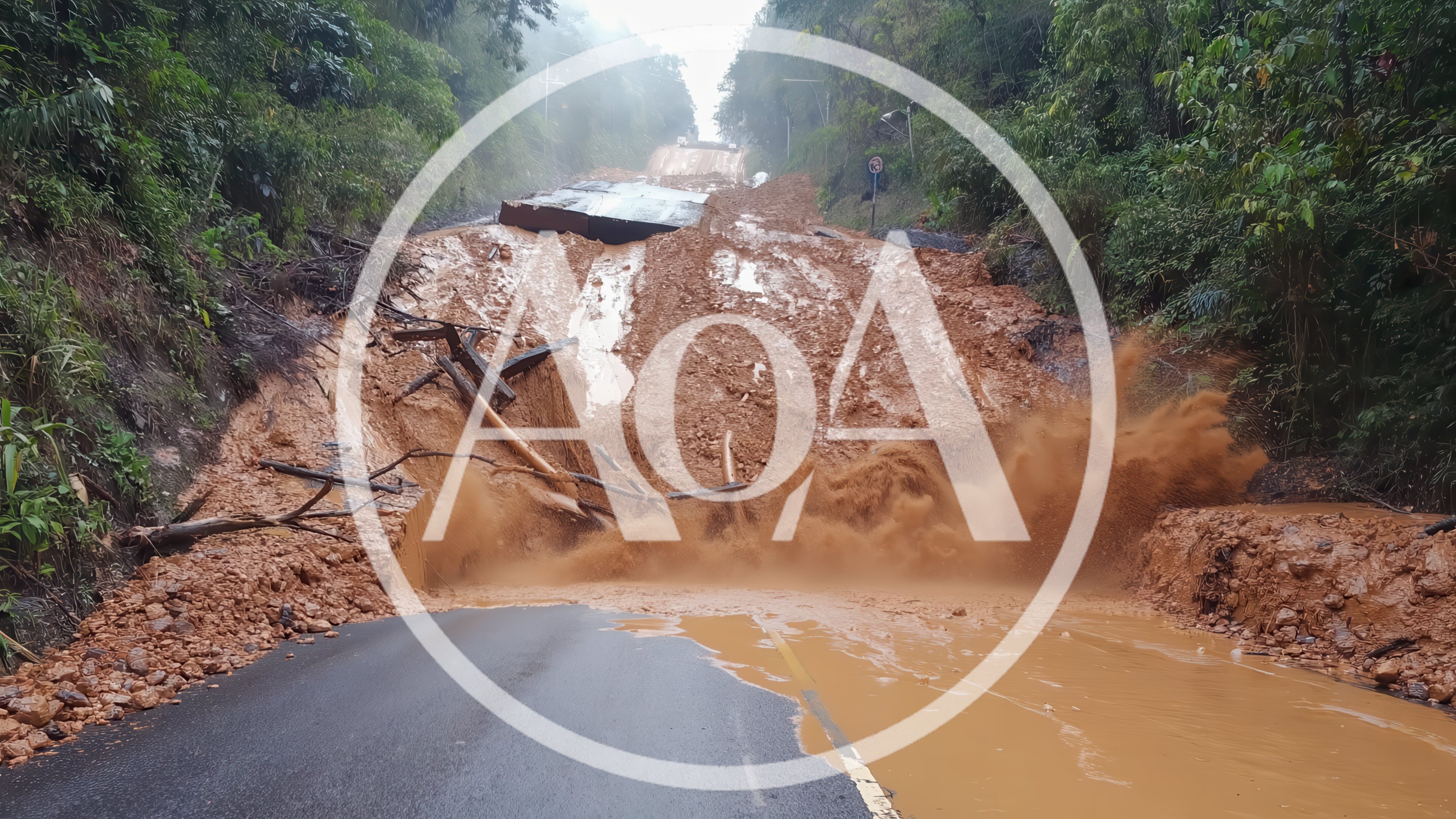 Massive Mudslide Covering A Rural Mountain Road