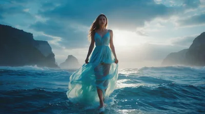 Woman In Flowing Blue Dress Walking Through Ocean Waves