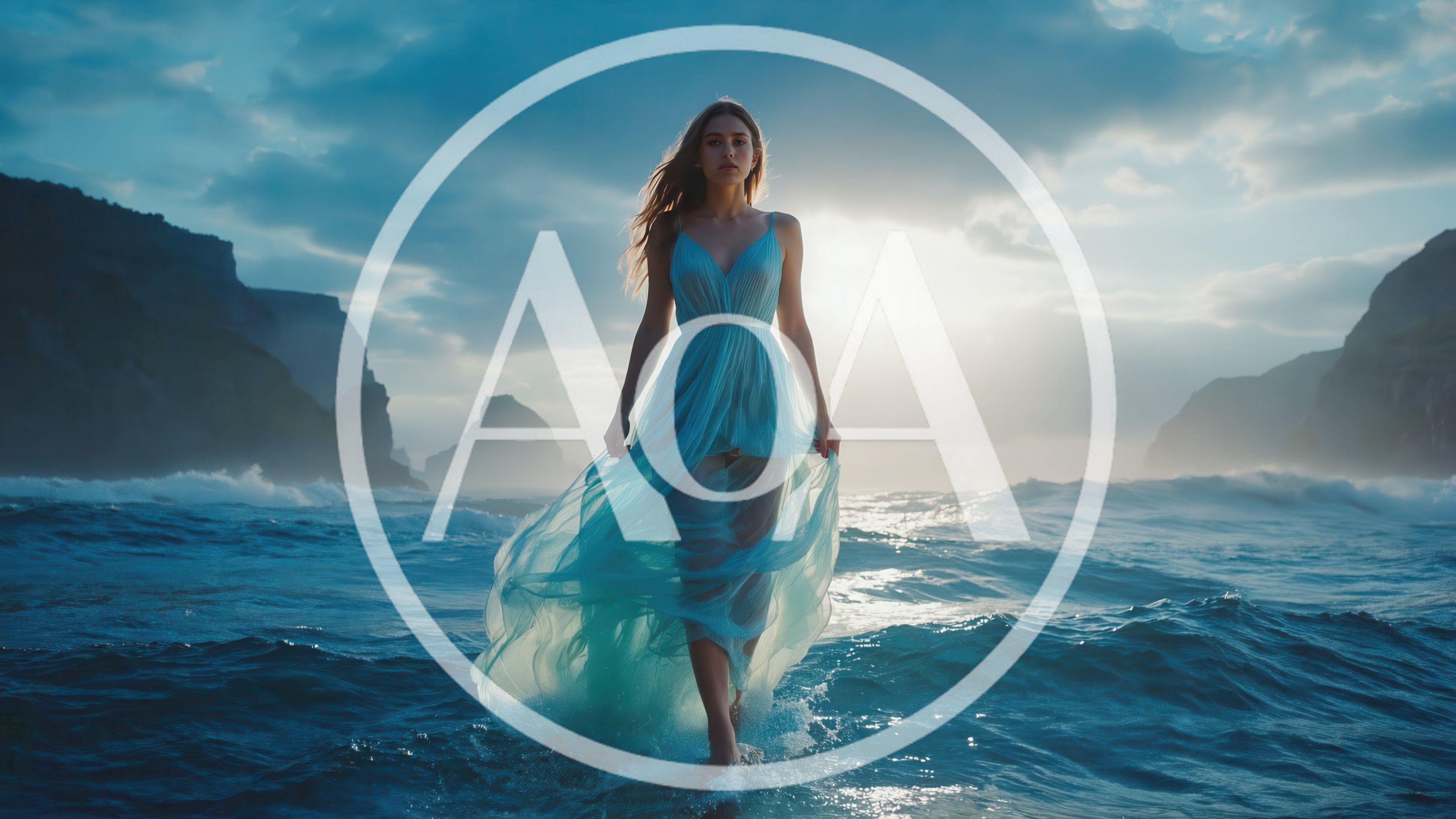 Woman In Flowing Blue Dress Walking Through Ocean Waves