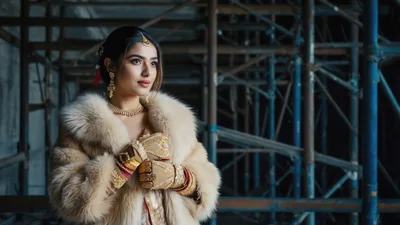 Elegant Indian Bride Wearing Fur Coat In Construction Site