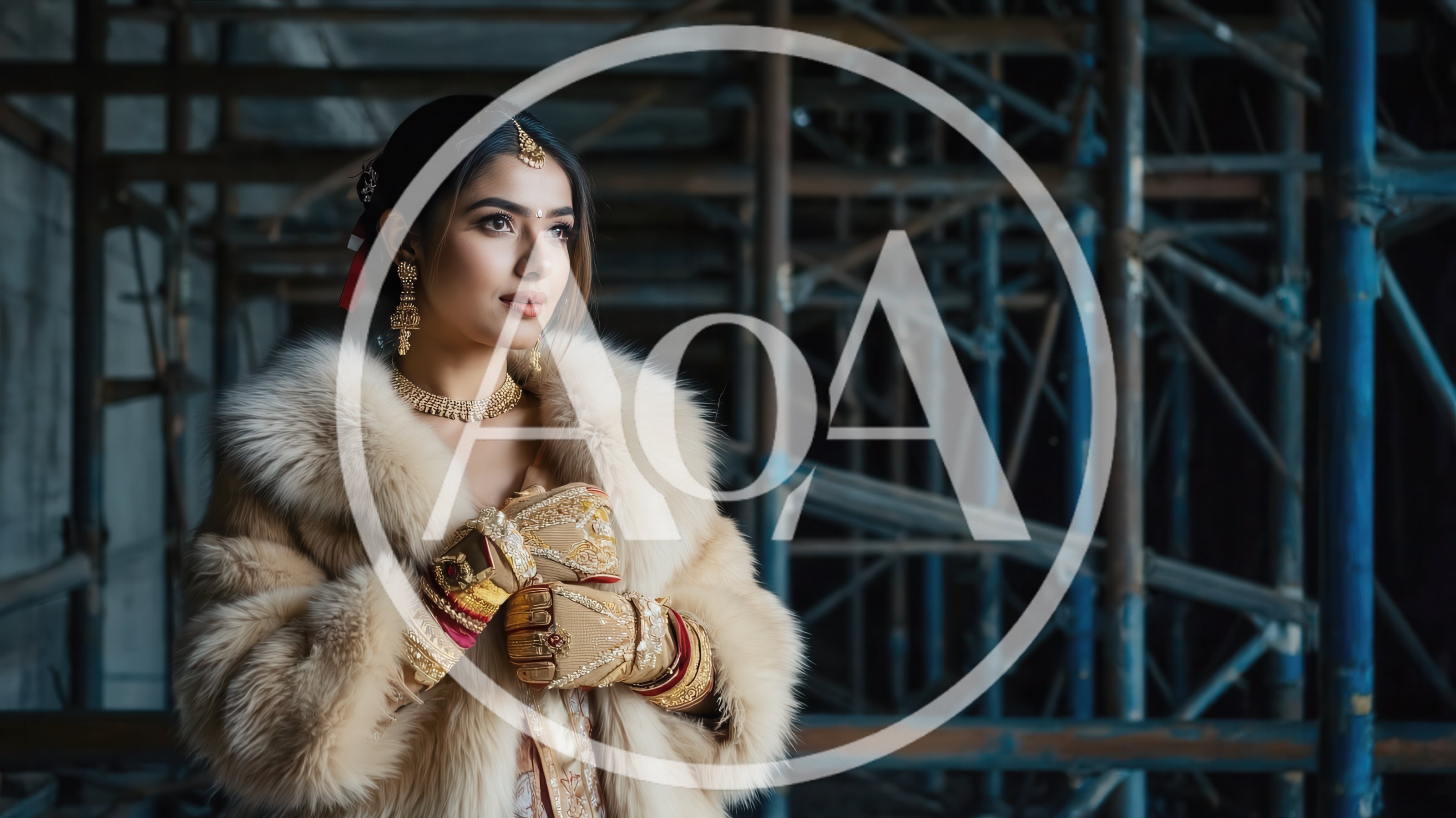 Elegant Indian Bride Wearing Fur Coat In Construction Site