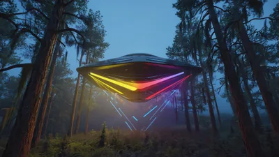 Futuristic UFO Hovering Above A Misty Forest