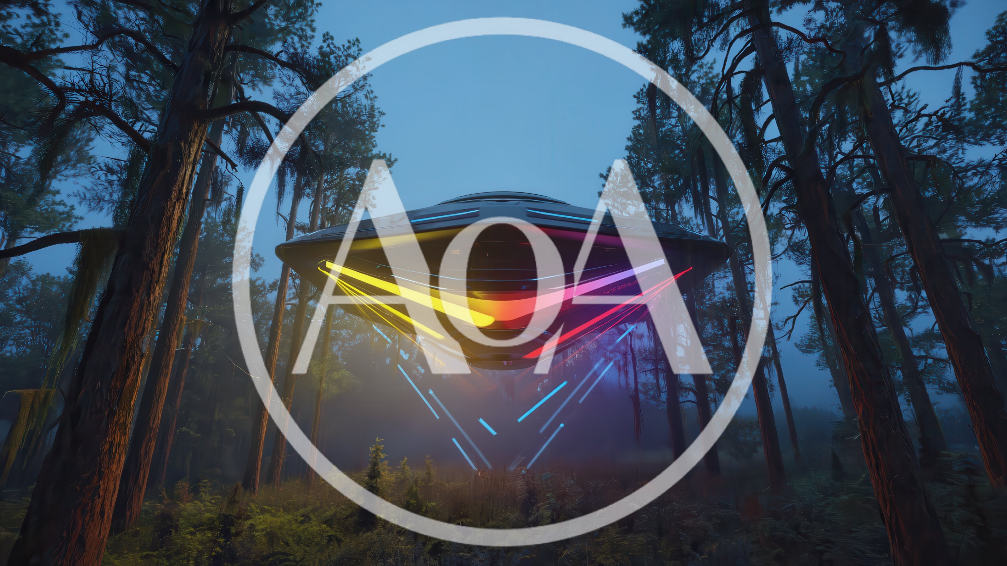Futuristic UFO Hovering Above A Misty Forest