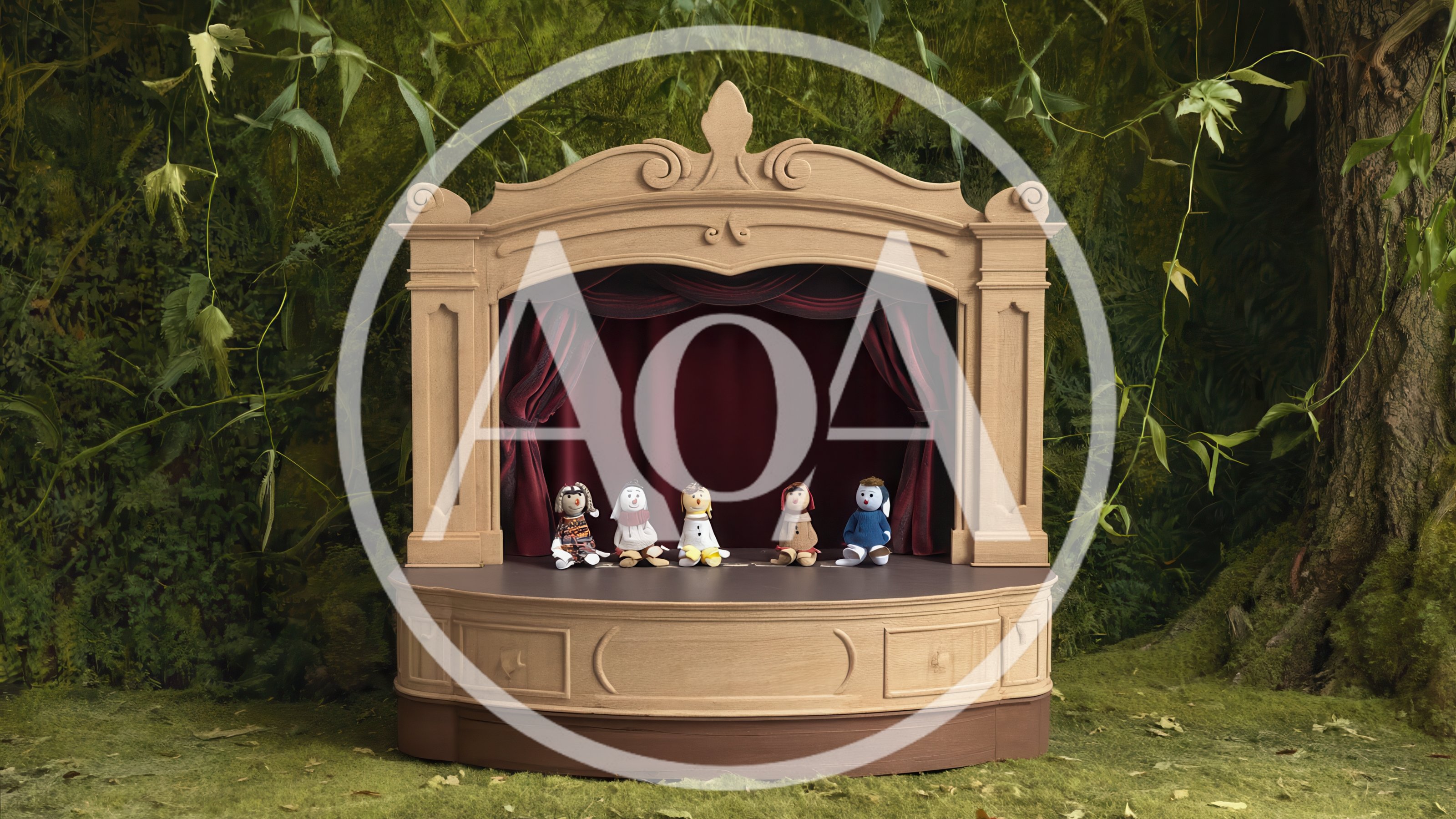 Small Puppet Theater Stage With Five Dolls In Forest