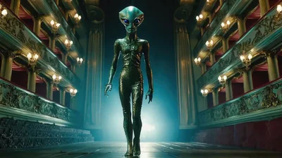 Alien Being Walking Through An Ornate Opera House