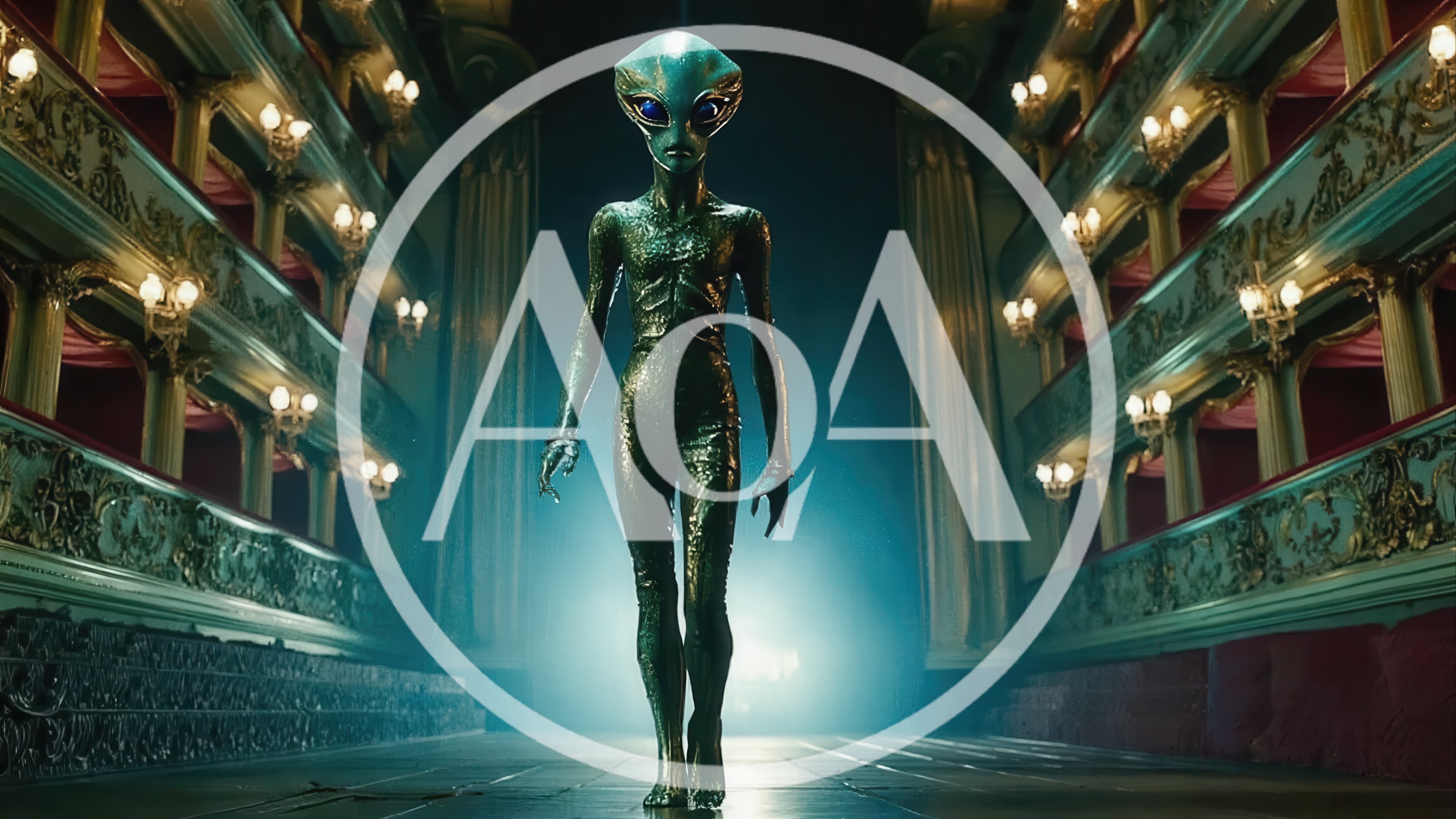 Alien Being Walking Through An Ornate Opera House