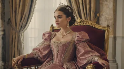 Regal Woman In Victorian Gown Sitting On Throne