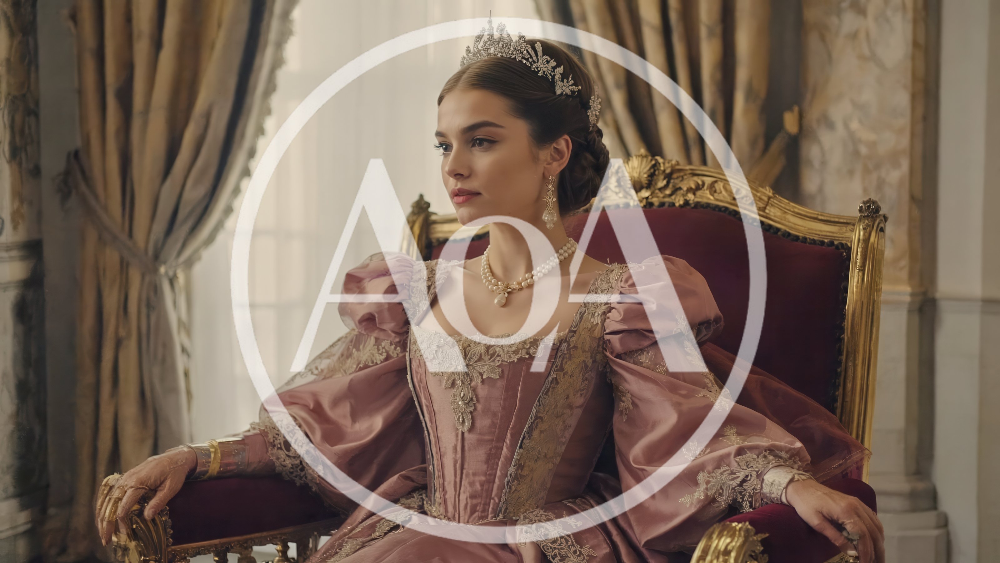 Regal Woman In Victorian Gown Sitting On Throne